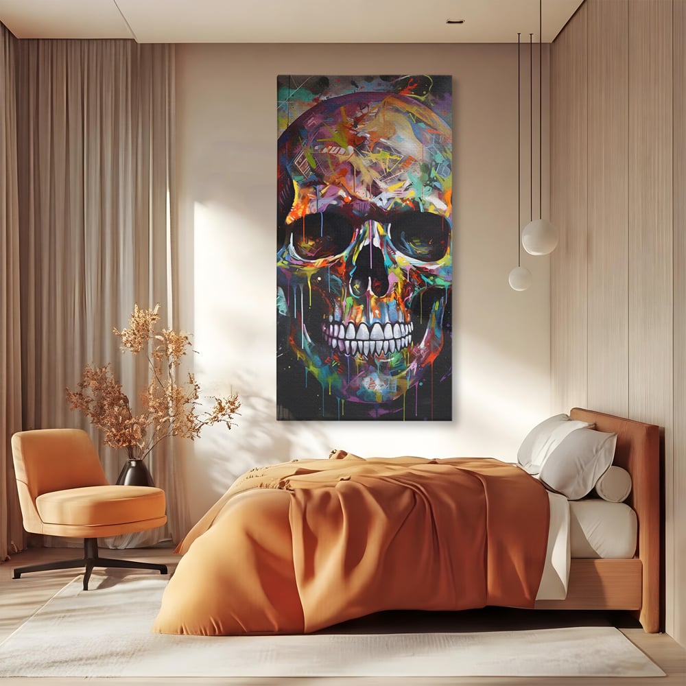 Tablou canvas cu tablou canvas cu craniu multicolor, fara rama, pe sasiu de lemn, pe perete intr-un dormitor